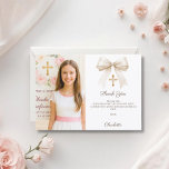 Cartão De Agradecimento Girl photo cream bow Confirmation<br><div class="desc">Add a vertical size photo. A cream,  beige colored bow and a golden cross as decor.  Personalize and add a name and thank you note.</div>