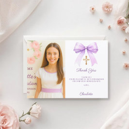 Cartão De Agradecimento Girl photo lavender bow Confirmation