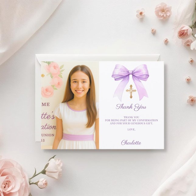 Cartão De Agradecimento Girl photo lavender bow Confirmation (Criador carregado)