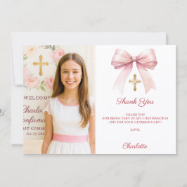 Cartão De Agradecimento Girl photo pink bow Confirmation