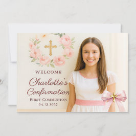 Cartão De Agradecimento Girl photo pink bow cross First Holy Communion