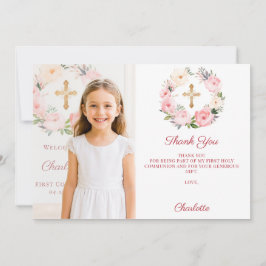 Cartão De Agradecimento Girl photo pink florals cross First Communion