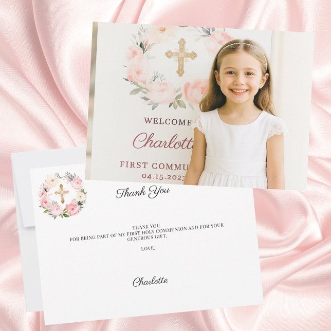 Cartão De Agradecimento Girl photo pink florals cross First Communion  (Criador carregado)
