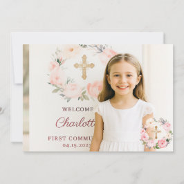 Cartão De Agradecimento Girl photo pink florals cross First Communion