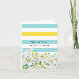 Cartão De Agradecimento Girly Aqua Stripes With Yellow Daisies Thank You