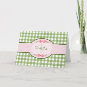 Cartão De Agradecimento Girly Green Gingham Obrigado Com Monograma