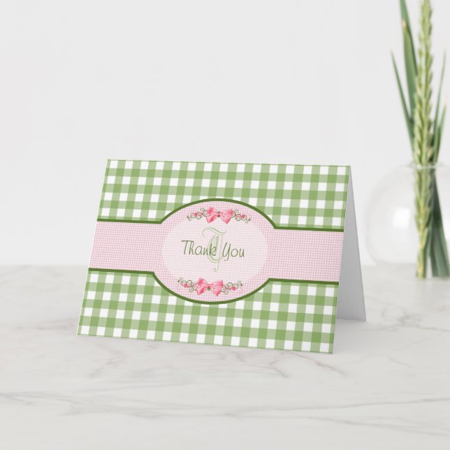 Cartão De Agradecimento Girly Green Gingham Obrigado Com Monograma (Frente)