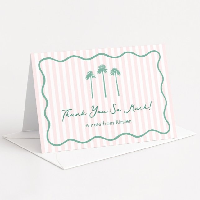Cartão De Agradecimento Girly Hand-drawn Palm Springs Bachelorette Party (Pink Mint Tropical Fan Palm Trees Palm Springs folding thank you card hand-drawn squiggle border)