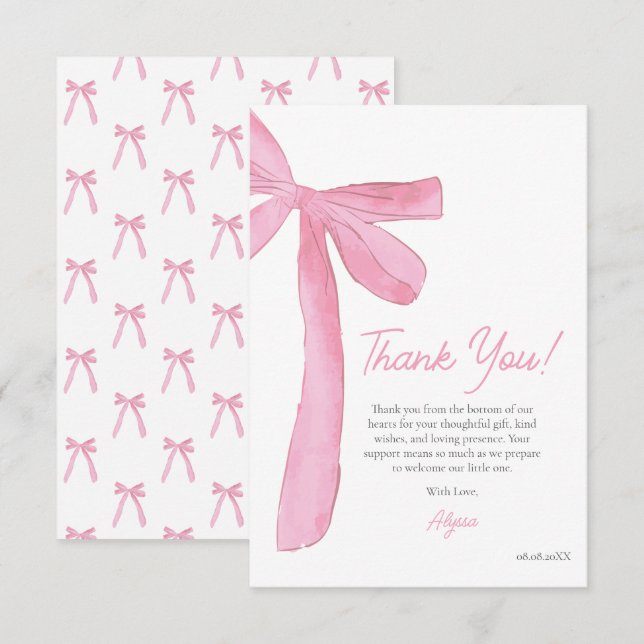 Cartão De Agradecimento Girly Pink Bow Hand drawn Coquette baby shower  (Frente/Verso)
