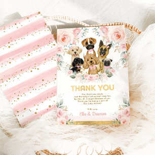 Cartão De Agradecimento Girly Puppy Chá de fraldas Blush Cães Florais Rosa