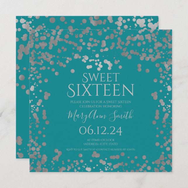 Cartão De Agradecimento Girly Silver Foil Confetti Sweet 16 Invite Teal  (Frente/Verso)