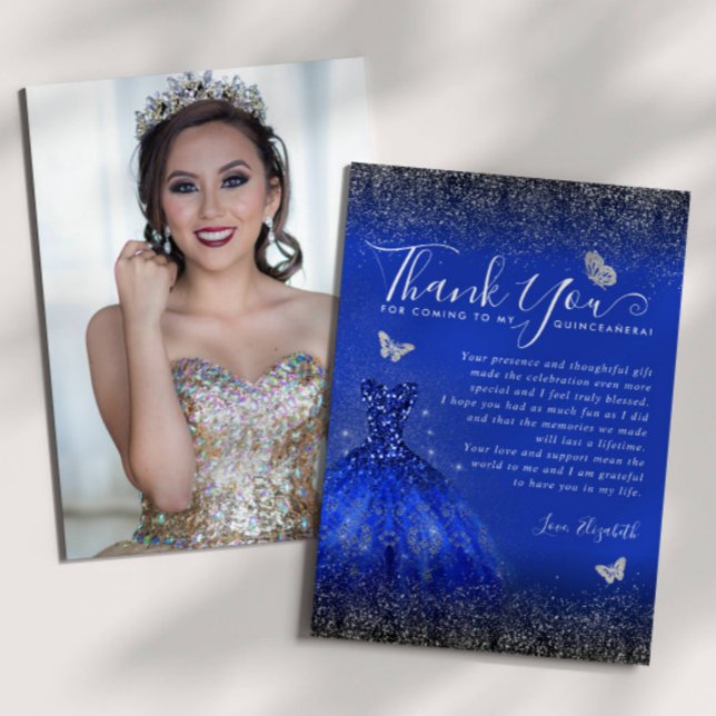 Cartão De Agradecimento Glam Royal Blue Silver Glitter Quinceanera Foto (Criador carregado)