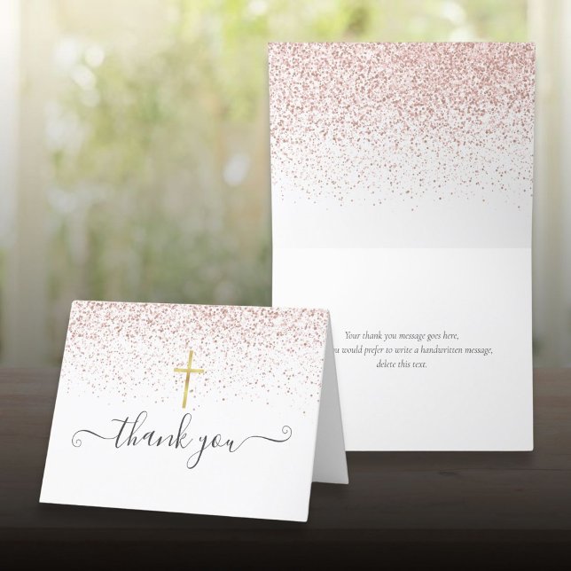 Cartão De Agradecimento Glitter de Ouro Rosa Crucifixo Script (Rose Gold Glitter Gold Crucifix Script Thank You Card)