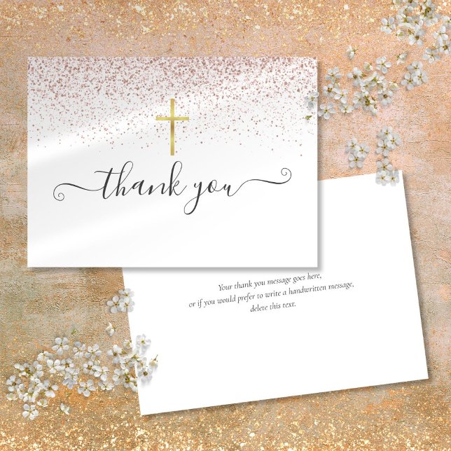 Cartão De Agradecimento Glitter de Ouro Rosa Cruz Script (Rose Gold Glitter Gold Crucifix Script Thank You Card)