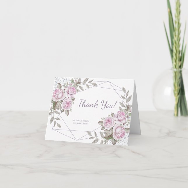 Cartão De Agradecimento Glitter de Prata Floral Puro (Frente)