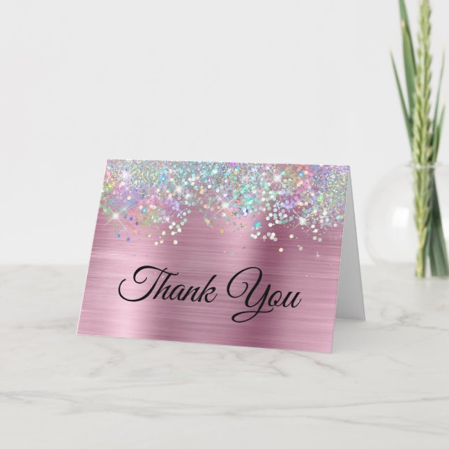 Cartão De Agradecimento Glitter Holo Foil Rosa Girassol (Frente)