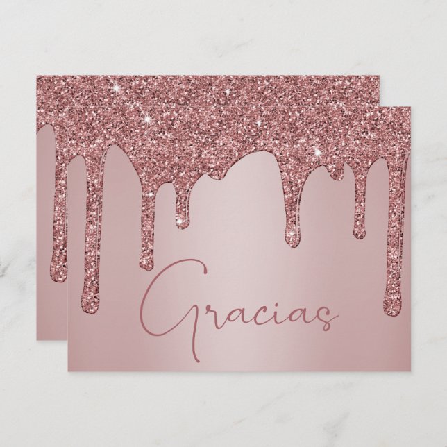 Cartão De Agradecimento Glitter Quinceanera, Glitter, rosa Dourado, Gracia (Frente/Verso)