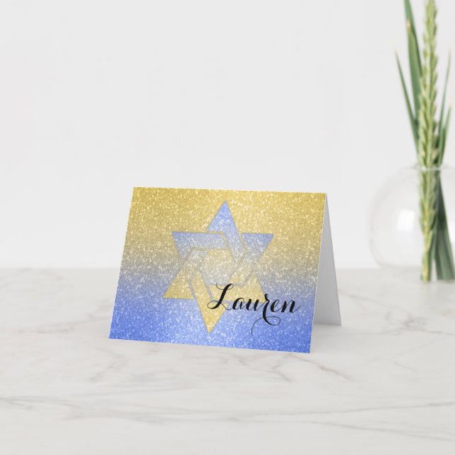 Cartão De Agradecimento Glittery Gradient Bat Mitzvah Obrigado Blue (Frente)