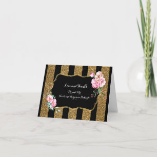 Cartão De Agradecimento Gold and Black Stripes Floral Wedding Thank You