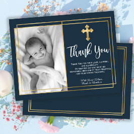 Cartão De Agradecimento Gold and Navy Blue Baptism Photo Thank You Cards