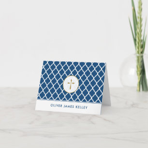 Cartão De Agradecimento Gold Cross Religious Thank You, Navy Quatrefoil