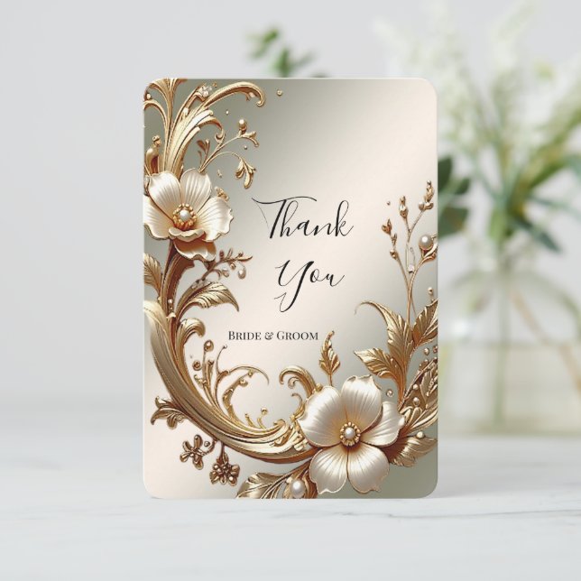 Cartão De Agradecimento Gold Floral Thank You Card (Em pé/Frente)