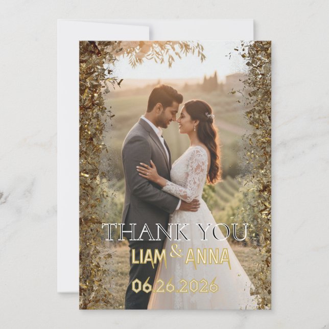 Cartão De Agradecimento Gold Glitter Wedding Photo Thank You Card (Frente)