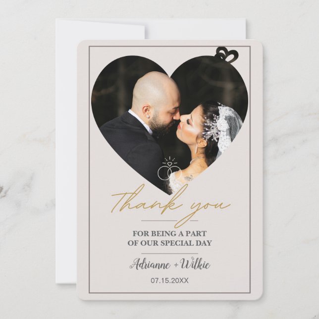 Cartão De Agradecimento Gold Heart Photo Minimalist Wedding Thank You Card (Frente)