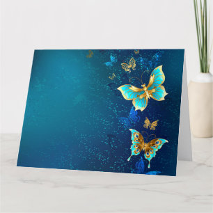 Cartão De Agradecimento Golden Butterflies on a Blue Background