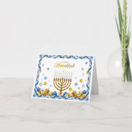 Cartão De Agradecimento Golden Menorah & Dreidel — Happy Hanukkah Card