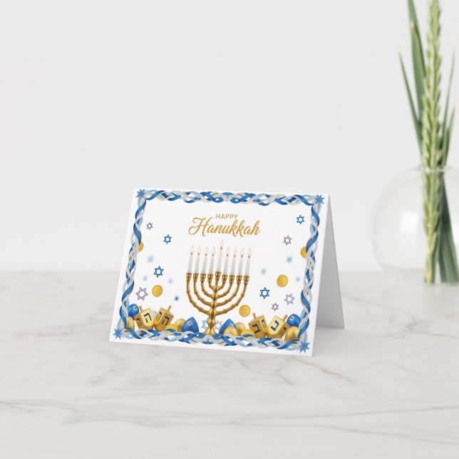 Cartão De Agradecimento Golden Menorah & Dreidel — Happy Hanukkah Card (Frente)