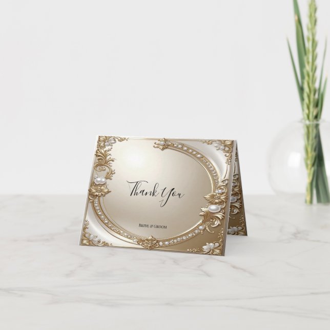 Cartão De Agradecimento Golden Ornate Frame with Pearls Thank You Card (Frente)
