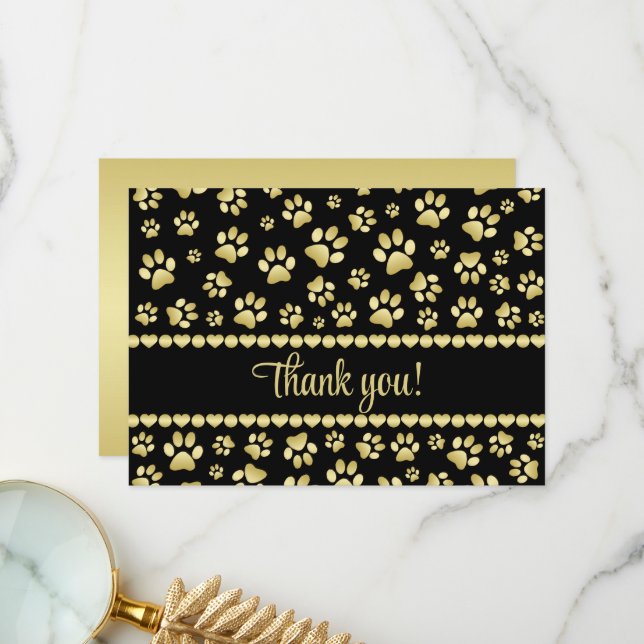 Cartão De Agradecimento Golden Paw Prints on Black with Custom Name (Frente/Verso In Situ)