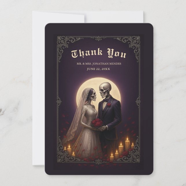 Cartão De Agradecimento Gothic Skeleton Couple Elegant Wedding Thank You (Frente)