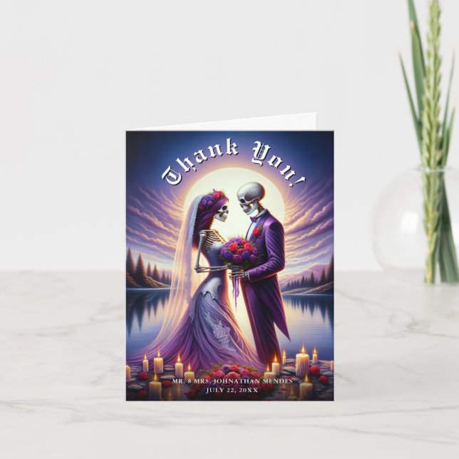 Cartão De Agradecimento Gothic Skeleton Couple Red Roses Wedding (Frente)