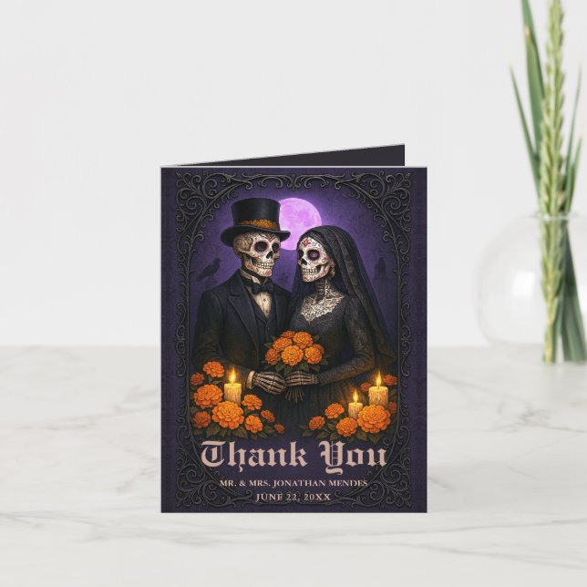 Cartão De Agradecimento Gothic Skull Candy Couple  Wedding Thank You (Frente)