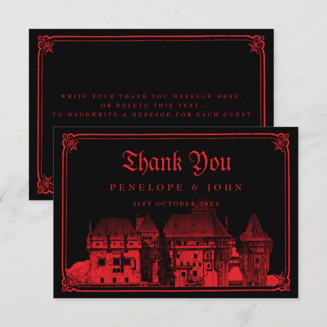 Cartão De Agradecimento Gothic Vampire Castle Black Red Wedding (Frente/Verso)