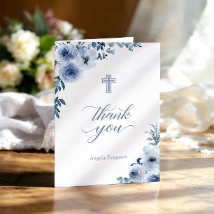 Cartão De Agradecimento Graceful Floral Azul Floral Batismo Gracioso Chris