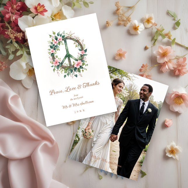 Cartão De Agradecimento Graceful Floral Wood Peace Symbol Photo Wedding (Graceful and Cherish Floral Wood Peace Symbol Photo Wedding Thank You Card.)