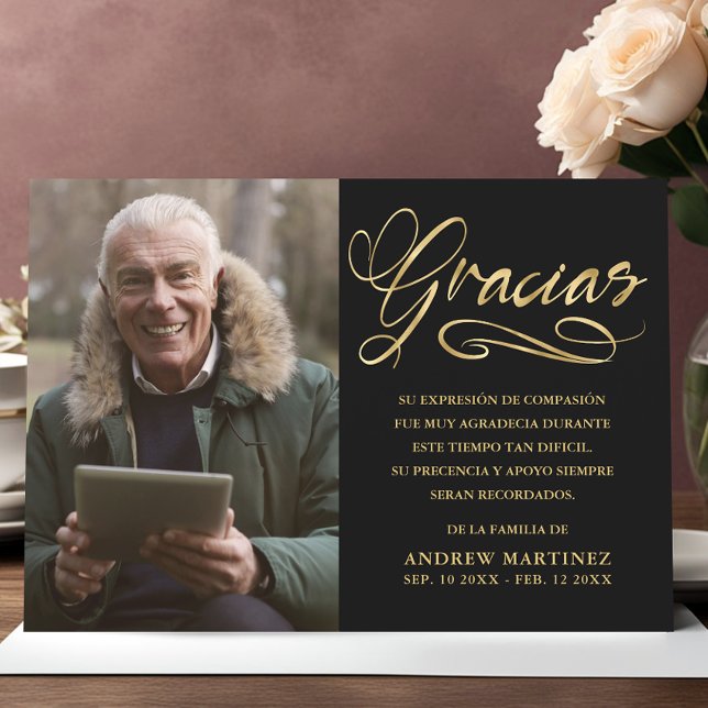 Cartão De Agradecimento Gracias Elegant Dourado & Black Photo Funeral Espa (Criador carregado)