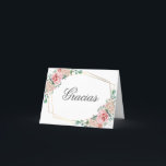 Cartão De Agradecimento GRACIAS por venir Pink Espanhol Quinceañera<br><div class="desc">Gorgeous elegante Quinceañera (Mis Quince Años) Watercolor GRACIAS por cartões venir. Rosas cor-de-rosa embebidas em verde e falso quadro de ouro. Vestido de vestido brilhante a rosa. Modelo editável - fácil de adicionar seu texto - texto em espanhol. Perfeito para a festa de aniversário de 15.</div>
