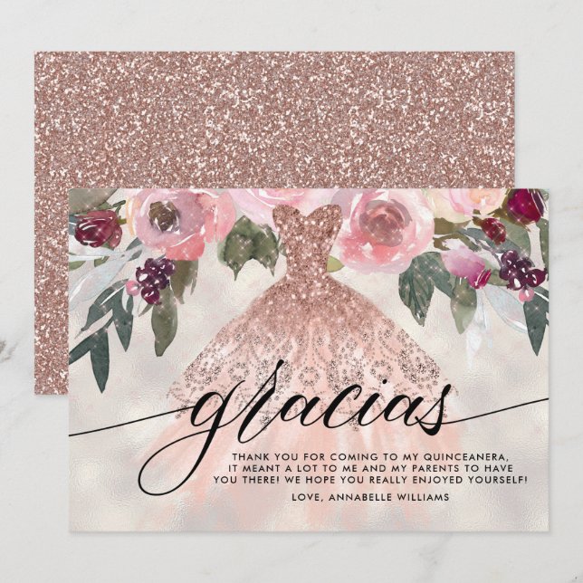 Cartão De Agradecimento Gracias Rosa Dourada Glitter Floral Quinceañera (Frente/Verso)