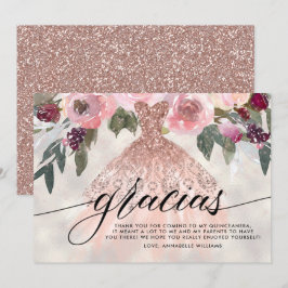 Cartão De Agradecimento Gracias Rosa Dourada Glitter Floral Quinceañera