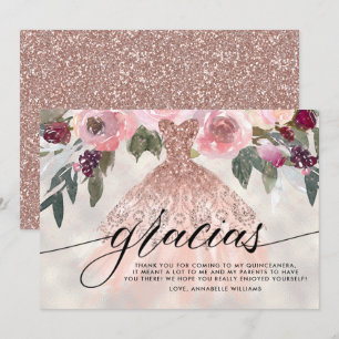 Cartão De Agradecimento Gracias Rosa Dourada Glitter Floral Quinceañera