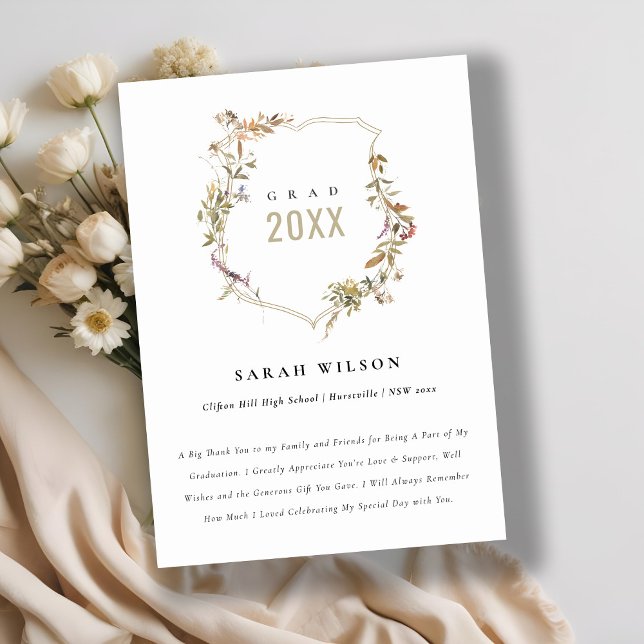 Cartão De Agradecimento Graduação Chic Dusky Pink Blush Wildflower Crest (Criador carregado)