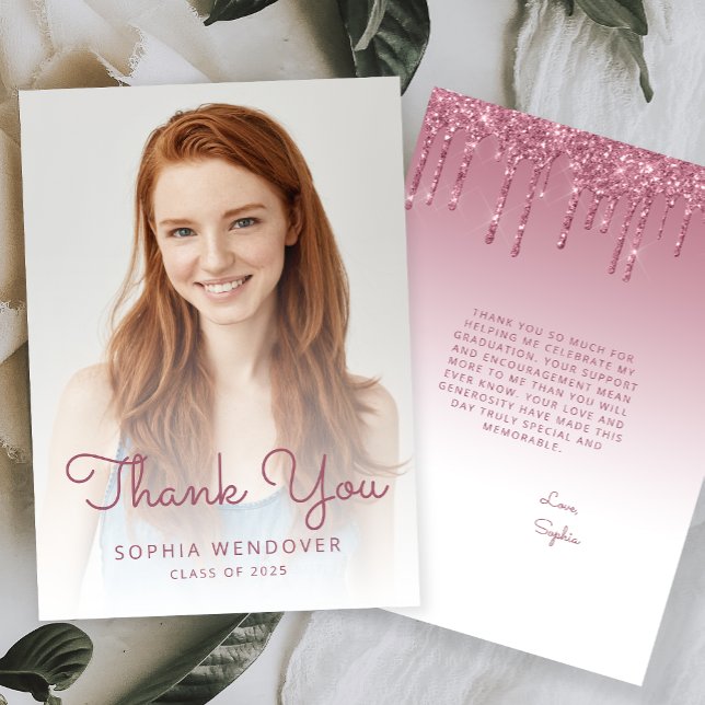 Cartão De Agradecimento Graduação Da Dobra Glitter Da Foto Burgundy 2025 (Criador carregado)