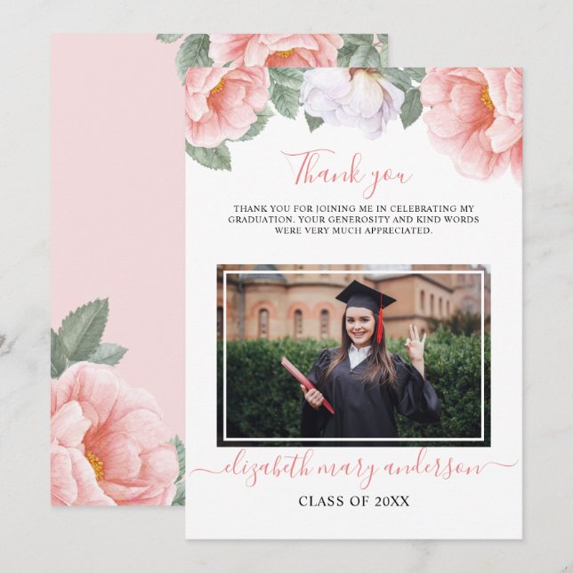 Cartão De Agradecimento Graduação de Aquarela Botânica Rosa Rosa (Frente/Verso)