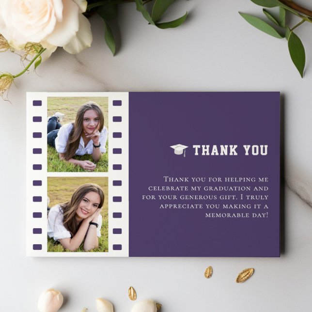 Cartão De Agradecimento Graduação de Colagem de Fotos em Filmstrip | Roxa (Purple Filmstrip Photo Collage Graduation Thank You Cards)