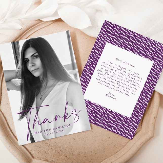 Cartão De Agradecimento Graduação de Foto de Script Purple na moda (Criador carregado)