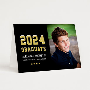 Cartão De Agradecimento Graduação de Foto Dourada a Preto do Formando 2024